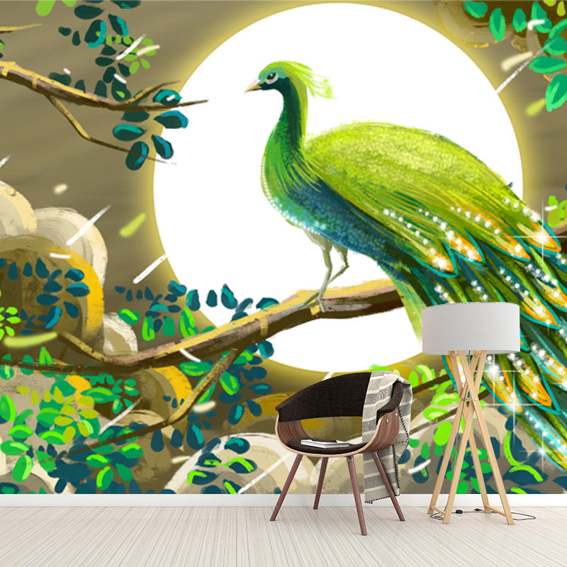 Whole Chinoiserie Wall Mural Decal Green Peacock and Super Moon Wall Covering, Custom Made Peacock Green Clearhalo 'Wall Decor' 'Wall Mural' 1513616