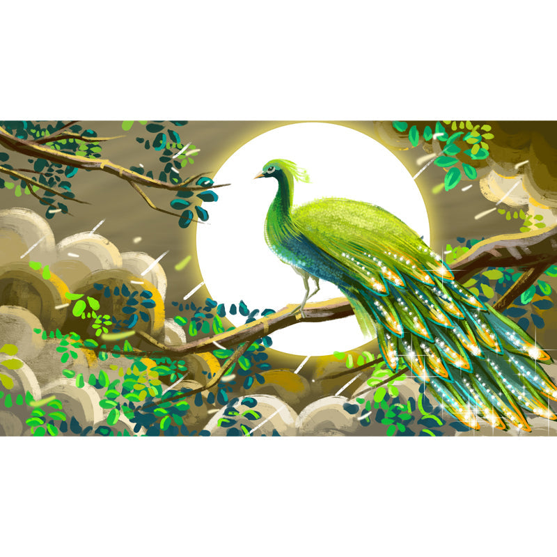 Whole Chinoiserie Wall Mural Decal Green Peacock and Super Moon Wall Covering, Custom Made Clearhalo 'Wall Decor' 'Wall Mural' 1513619