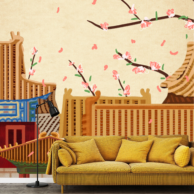 Whole Houses with Blossom Mural Decal Oriental Enchanting Construction Wall Art in Yellow Clearhalo 'Wall Decor' 'Wall Mural' 1513697