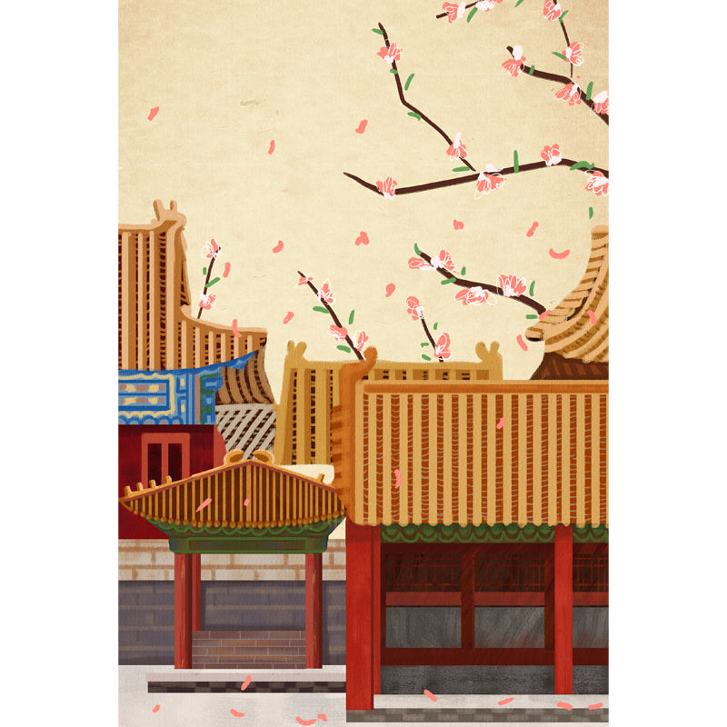 Whole Houses with Blossom Mural Decal Oriental Enchanting Construction Wall Art in Yellow Clearhalo 'Wall Decor' 'Wall Mural' 1513699