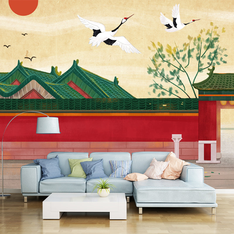 Chinese Ancient Architecture Mural Decal for Home Custom Wall Covering in Red-Beige Red Clearhalo 'Wall Decor' 'Wall Mural' 1513832