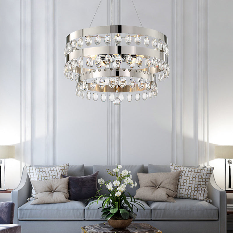 Tiered Ring Hanging Ceiling Light Metallic Multi Light Chandelier Lamp with Clear Crystal Deco in Chrome Clearhalo 'Ceiling Lights' 'Chandeliers' 'Modern Chandeliers' 'Modern' Lighting' 151445