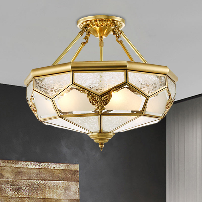 Opaline Glass Brass Semi Flush Mount Faceted Dome 3/4 Lights Country Printed Close to Ceiling Lamp, 14