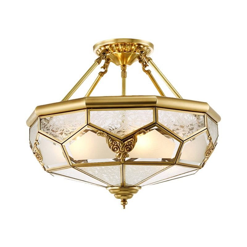 Opaline Glass Brass Semi Flush Mount Faceted Dome 3/4 Lights Country Printed Close to Ceiling Lamp, 14