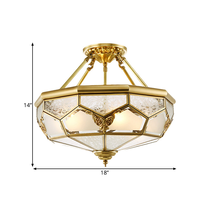 Opaline Glass Brass Semi Flush Mount Faceted Dome 3/4 Lights Country Printed Close to Ceiling Lamp, 14