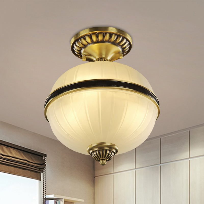 Farmhouse Ellipsoid Semi Flush Light 4/6-Head Ribbed Opal Glass Ceiling Lighting in Brass, 10