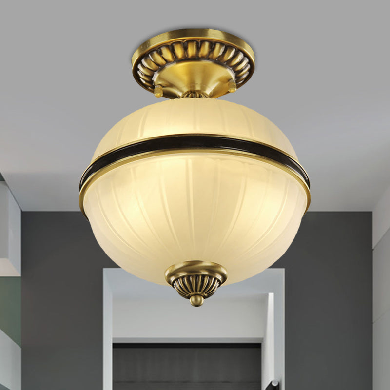 Farmhouse Ellipsoid Semi Flush Light 4/6-Head Ribbed Opal Glass Ceiling Lighting in Brass, 10