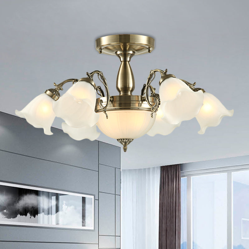 8 Bulbs Flower Semi Mount Lighting Rural Style Bronze/Brass/Copper Milky Glass Close to Ceiling Lamp with Scroll Arm Bronze Clearhalo 'Ceiling Lights' 'Close To Ceiling Lights' 'Close to ceiling' 'Glass shade' 'Glass' 'Semi-flushmount' Lighting' 1515601