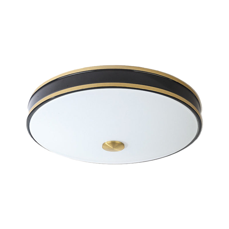 White Glass Round Ceiling Flush Warehouse LED Bedroom Flush Mount Lighting in Black/Gold, 12