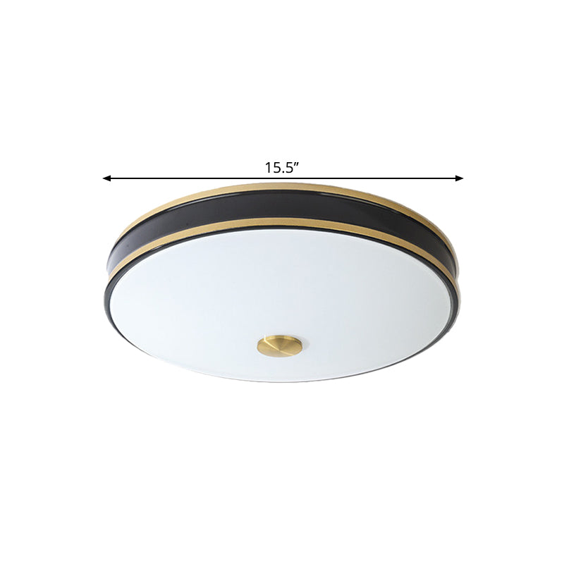 White Glass Round Ceiling Flush Warehouse LED Bedroom Flush Mount Lighting in Black/Gold, 12