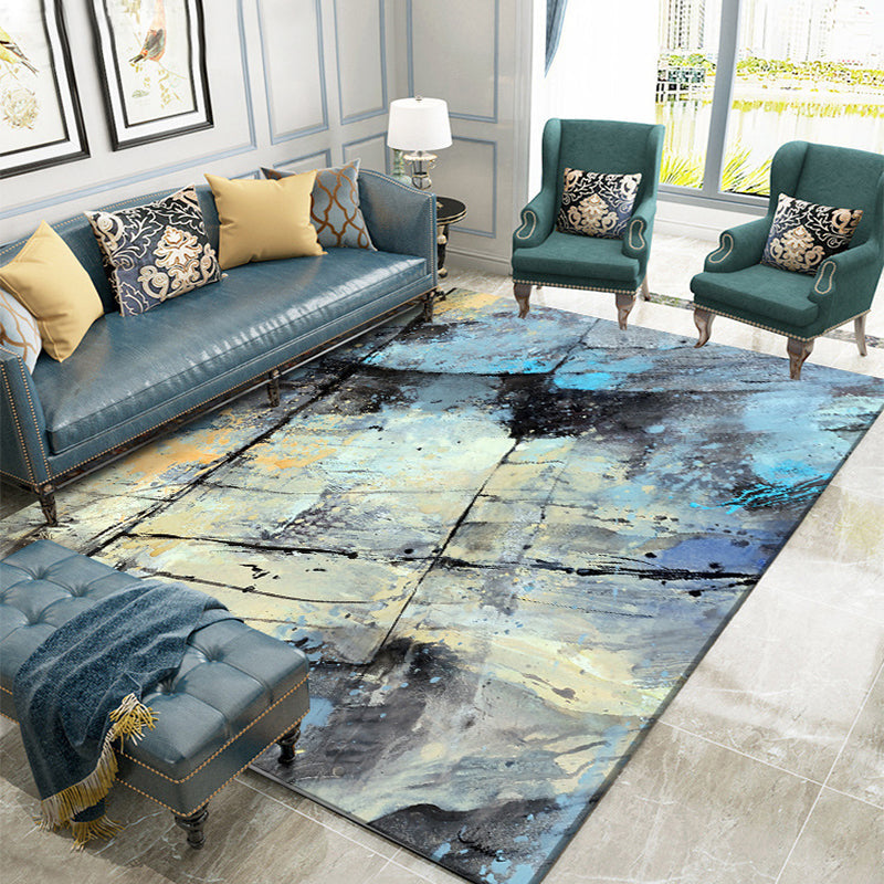 Blue Bedroom Rug Modern Abstract Lines Splash Ink Pattern Area Rug Polyester Washable Carpet Black Clearhalo 'Area Rug' 'Modern' 'Rugs' Rug' 1516327