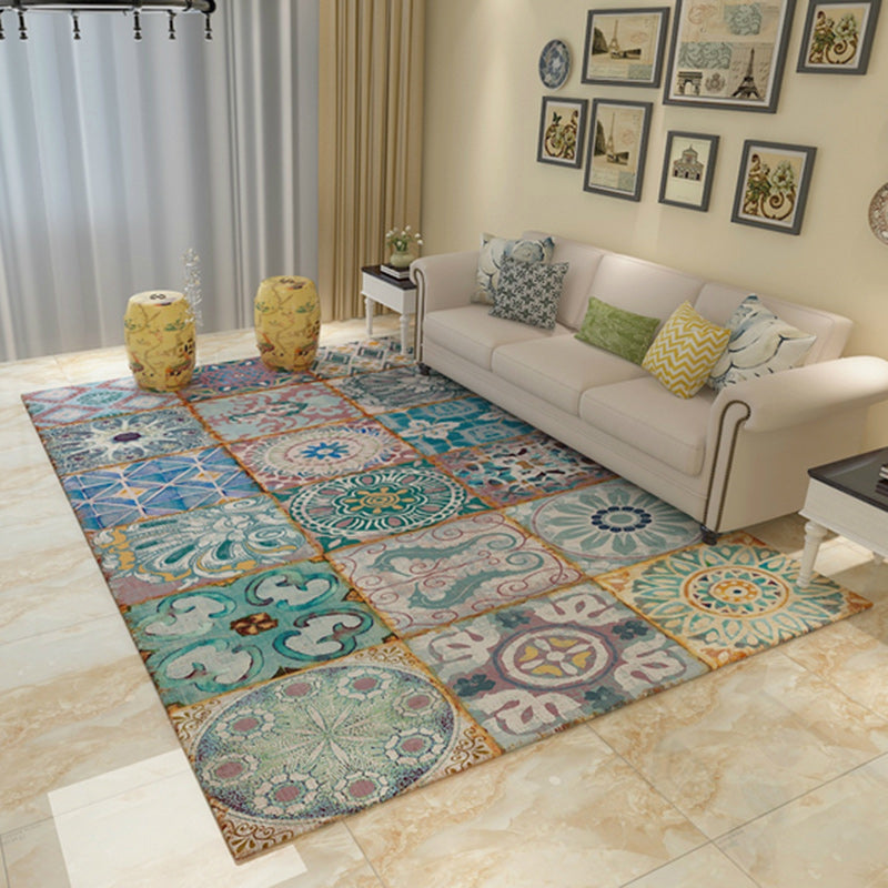 Moroccan Floral Square Pattern Rug Colorful Polyester Carpet Machine Washable Non-Slip Area Rug for Living Room Green Clearhalo 'Area Rug' 'Moroccan' 'Rugs' Rug' 1516426