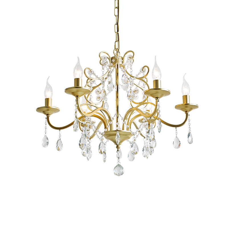 Vintage Exposed Chandelier Lamp Metal 3/6/8 Bulbs Chandelier Pendant Light with Clear Crystal Deco in Gold Finish Clearhalo 'Ceiling Lights' 'Chandeliers' 'Modern Chandeliers' 'Modern' Lighting' 151821