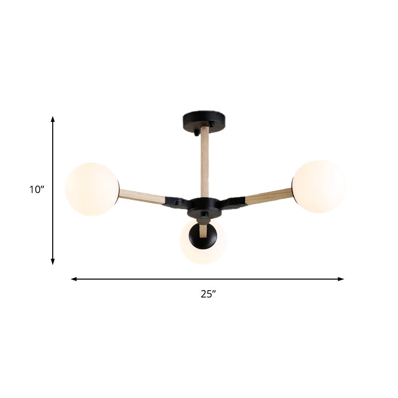 White/Black/Gold Branch Chandelier Lighting Contemporary 3/6/9 Lights Wood Hanging Ceiling Lamp with White Glass Global Shade Clearhalo 'Ceiling Lights' 'Chandeliers' 'Close To Ceiling Lights' 'Glass shade' 'Glass' 'Modern Chandeliers' 'Modern' Lighting' 152161