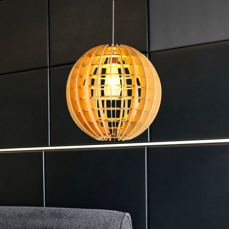 Wooden Globe Pendant Light Asian Style 1-Light Suspension Lamp in Natural Wood for Dining Room Clearhalo 'Ceiling Lights' 'Pendant Lights' 'Pendants' Lighting' 1522795