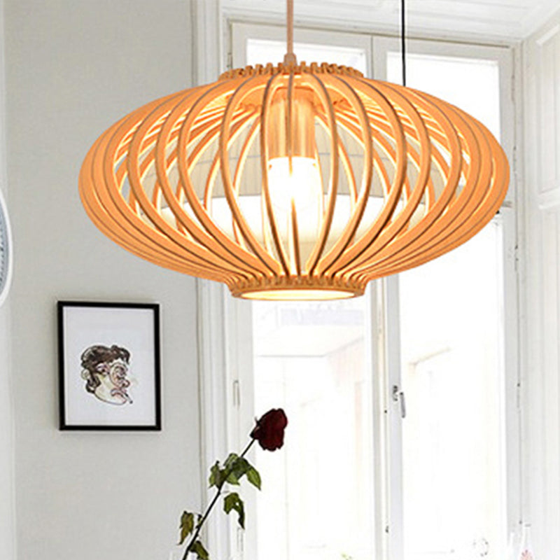 Contemporary Style Lantern Design Hanging Light Wooden 1 Light Living Room Pendant Lamp in Beige Clearhalo 'Ceiling Lights' 'Pendant Lights' 'Pendants' Lighting' 1522799