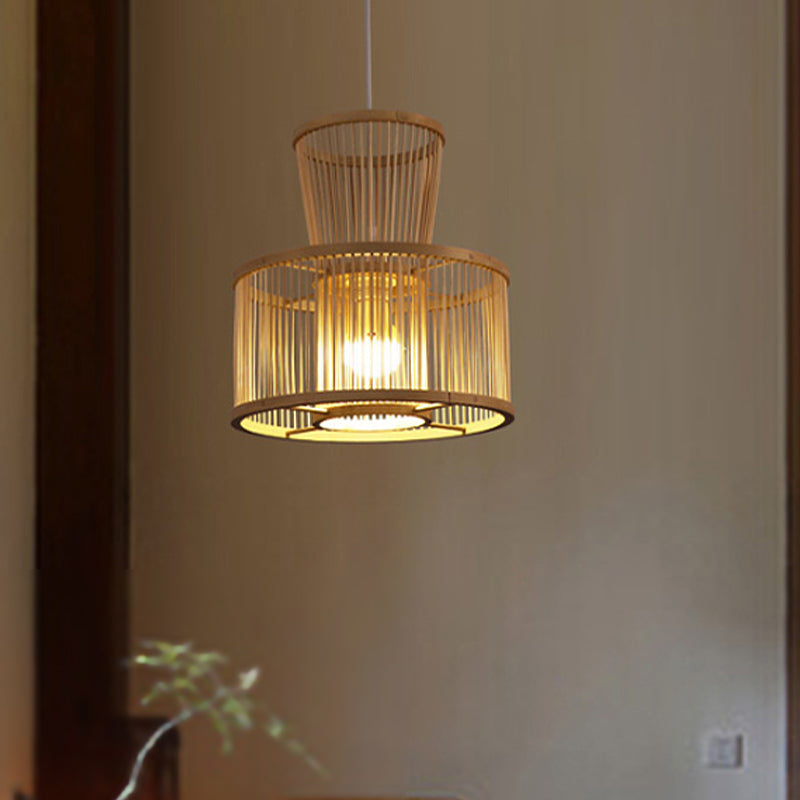 2-Tier Drum Hanging Light Countryside Bamboo 1 Light Beige Pendant Ceiling Light for Bedroom Clearhalo 'Ceiling Lights' 'Pendant Lights' 'Pendants' Lighting' 1522819