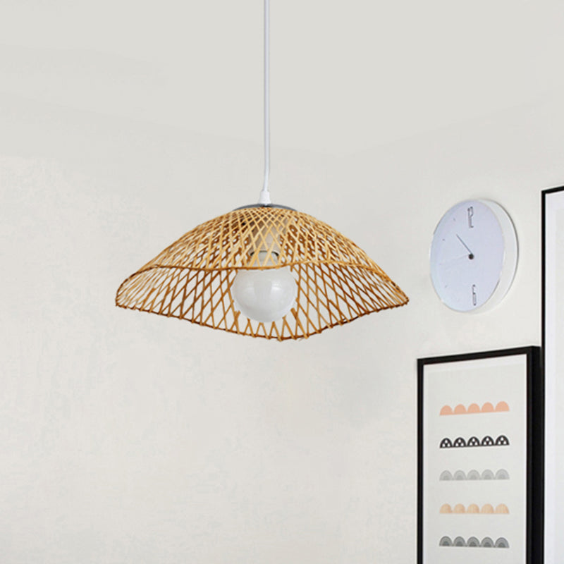 Hand-Knitted Bamboo Pendant Light with Dome Shade Asian Style 1 Head Beige Hanging Lamp for Living Room, 14