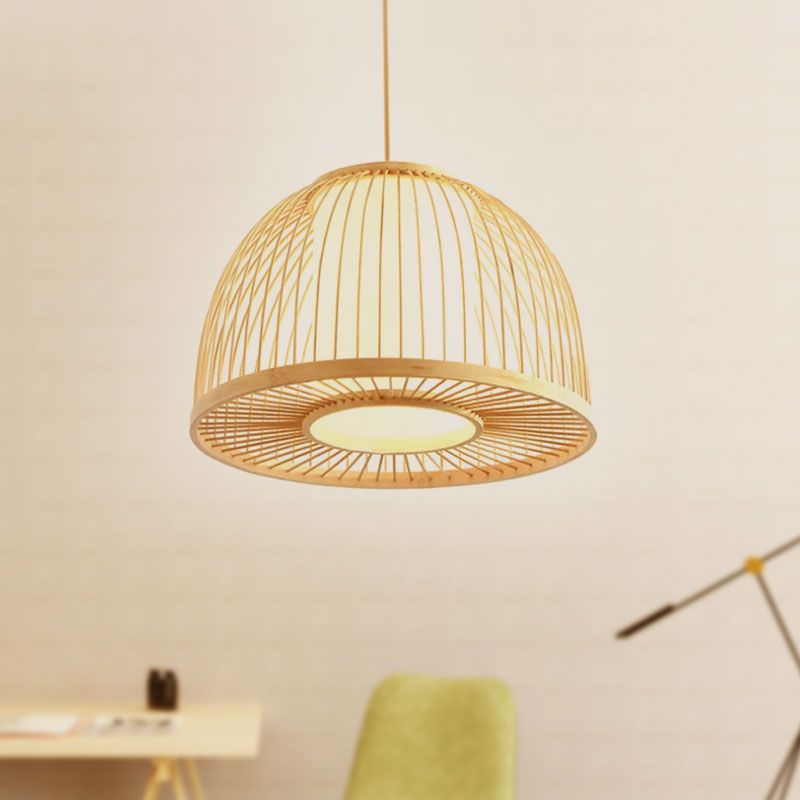 Modernism Domed Pendant Lamp Bamboo 1 Light Indoor Hanging Ceiling Light with Inner Cylinder Shade in Beige, 12