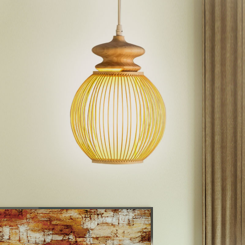 Bamboo Global Shade Hanging Lamp Asian Style 1 Light Ceiling Light Fixture with Wooden Cap in Beige, 9