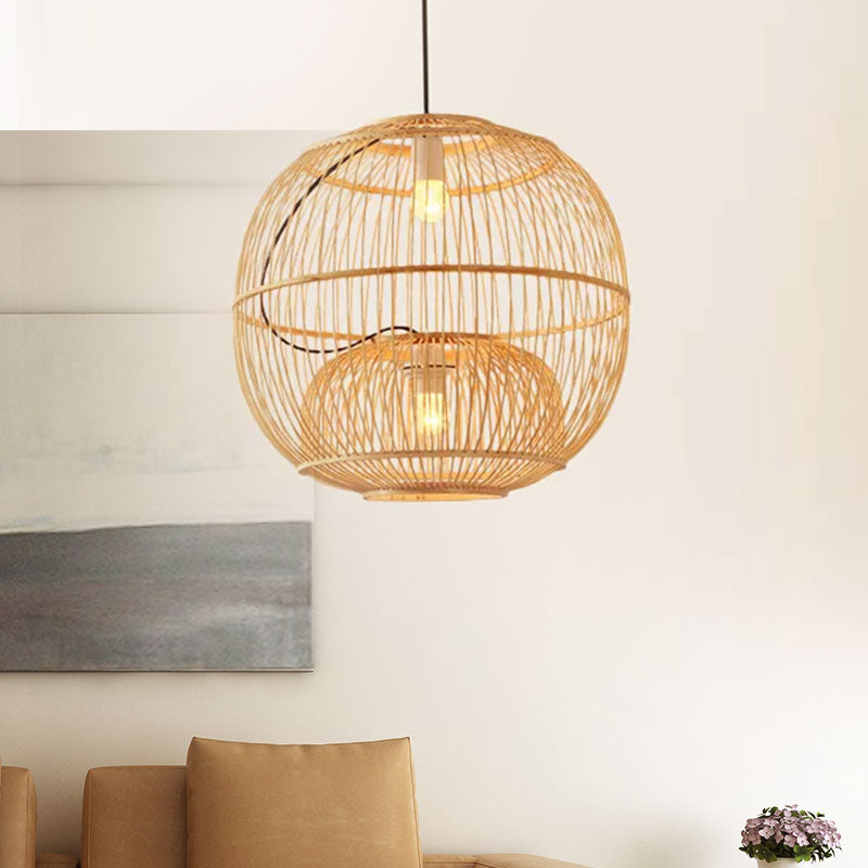 Bamboo Global Shade Pendant Lighting Contemporary Style 2 Lights Beige Hanging Lamp for Restaurant, 14