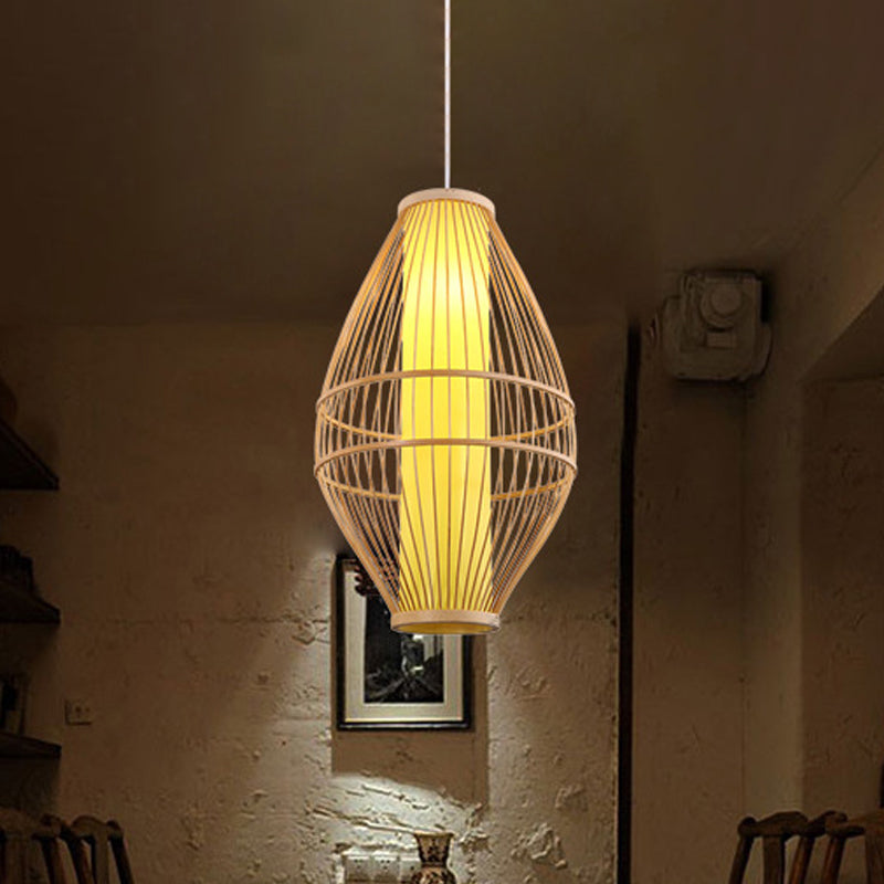 Beige Hand-Woven Hanging Light with Oval Shade Asian Style 1-Light Bamboo Pendant Lamp Clearhalo 'Ceiling Lights' 'Pendant Lights' 'Pendants' Lighting' 1523003