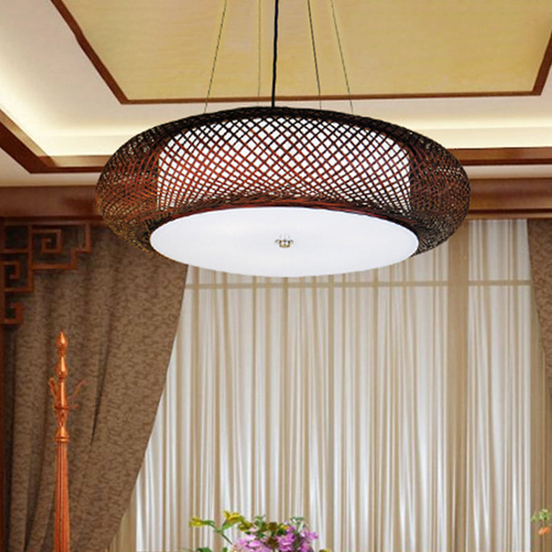 Brown/Wood Hand-Worked Hanging Light with Drum Shade Asian 1 Light Bamboo Suspension Lamp for Dining Room Clearhalo 'Ceiling Lights' 'Pendant Lights' 'Pendants' Lighting' 1523027