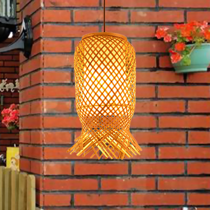 Hand Knitted Bamboo Lantern Drop Light Asian Single Pendant Light in Beige for Restaurant Clearhalo 'Ceiling Lights' 'Pendant Lights' 'Pendants' Lighting' 1523234