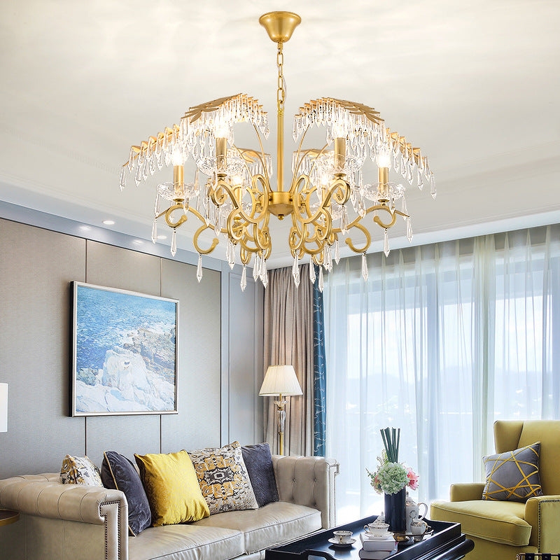 Vintage Style Branch Chandelier Light Fixture Metal and Crystal 3/6/8 Lights Hanging Lamp with Leaf Design in Gold 6 Gold Clearhalo 'Ceiling Lights' 'Chandeliers' 'Modern Chandeliers' 'Modern' Lighting' 152368