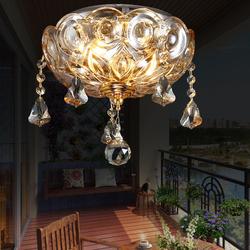 Vintage Style Bowl Flush Ceiling Light with Crystal Ball Deco 2 Lights Ceiling Lamp in Clear for Corridor Clearhalo 'Ceiling Lights' 'Close To Ceiling Lights' 'Close to ceiling' 'Flush mount' Lighting' 152715