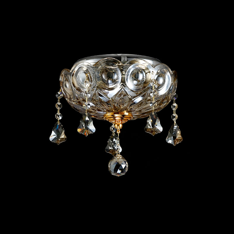 Vintage Style Bowl Flush Ceiling Light with Crystal Ball Deco 2 Lights Ceiling Lamp in Clear for Corridor Clearhalo 'Ceiling Lights' 'Close To Ceiling Lights' 'Close to ceiling' 'Flush mount' Lighting' 152716