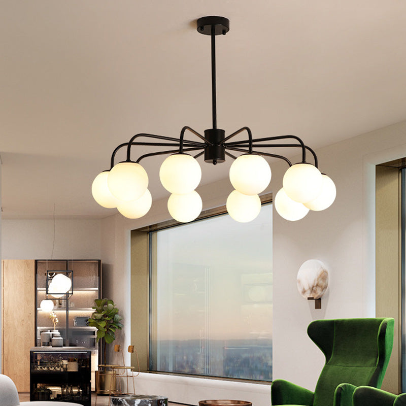 White Glass Globe Chandelier Modernist with Radial Design 6/8/10 Lights Hanging Ceiling Light with Curved Arm 10 Black Clearhalo 'Ceiling Lights' 'Chandeliers' 'Glass shade' 'Glass' 'Modern Chandeliers' 'Modern' 'Pendant Lights' Lighting' 153561