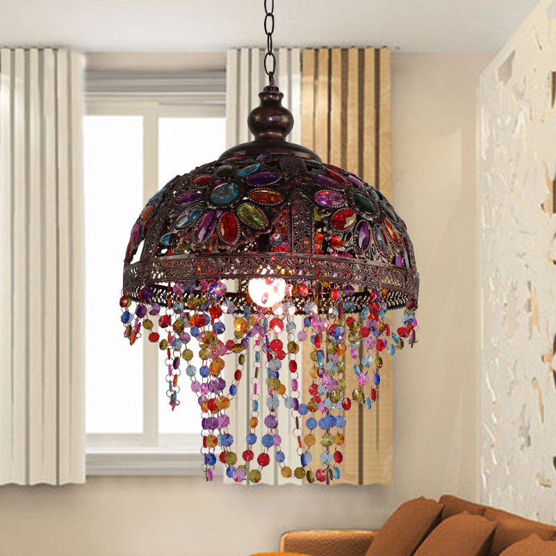 Silver/Rust Dome Shade Hanging Light with Beaded Strand Bohemia Style 1 Light Ceiling Light Fixture Clearhalo 'Art Deco Pendants' 'Cast Iron' 'Ceiling Lights' 'Ceramic' 'Crystal' 'Industrial Pendants' 'Industrial' 'Metal' 'Middle Century Pendants' 'Pendant Lights' 'Pendants' 'Tiffany' Lighting' 153588