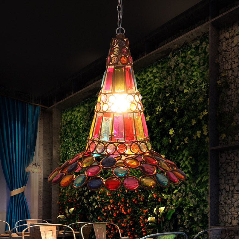 Antique Tapered Hanging Lamp Crystal 1 Light Pendant Lighting with Multi Colored Bead in Rustic Copper Clearhalo 'Art Deco Pendants' 'Cast Iron' 'Ceiling Lights' 'Ceramic' 'Crystal' 'Industrial Pendants' 'Industrial' 'Metal' 'Middle Century Pendants' 'Pendant Lights' 'Pendants' 'Tiffany' Lighting' 153694