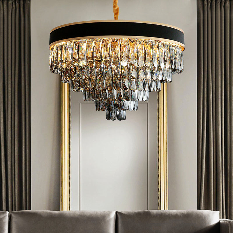 Layered Chandelier Lighting Modern Style Crystal 9/12 Lights Hanging Light Fixture in Smoke Grey 12 Smoke Gray Clearhalo 'Ceiling Lights' 'Chandeliers' 'Industrial Chandeliers' 'Industrial' 'Middle Century Chandeliers' 'Tiffany' Lighting' 153997