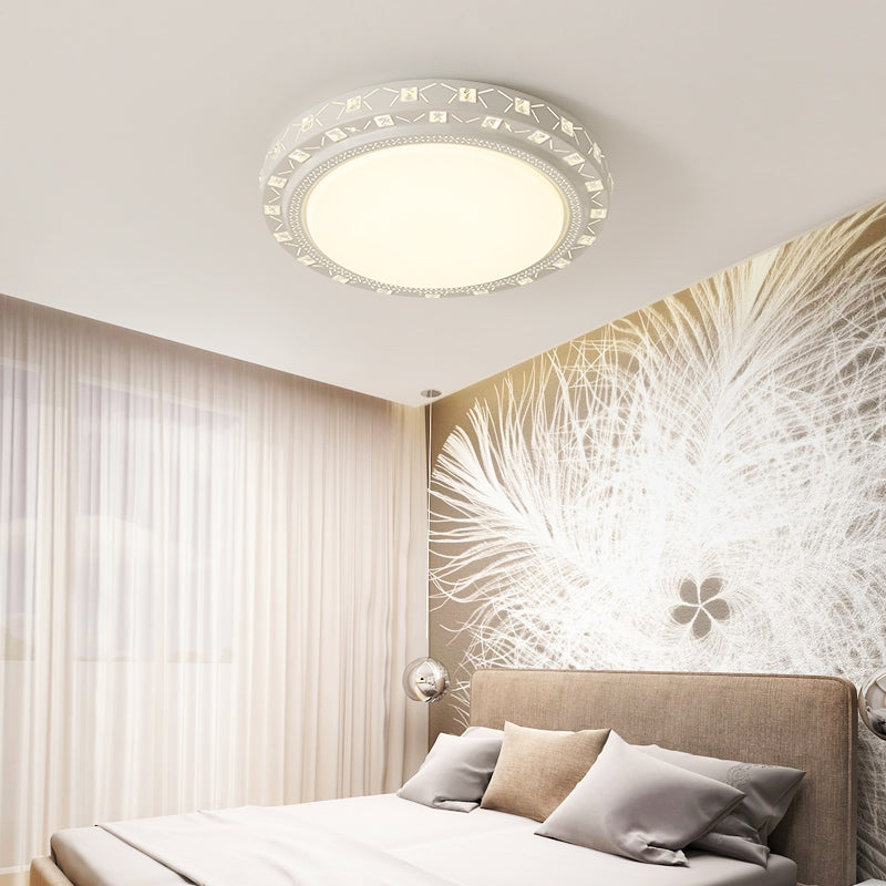 White Drum Ceiling Flush Mount with Crystal Accent Modern Bedroom LED Flush Mount Fixture, 16