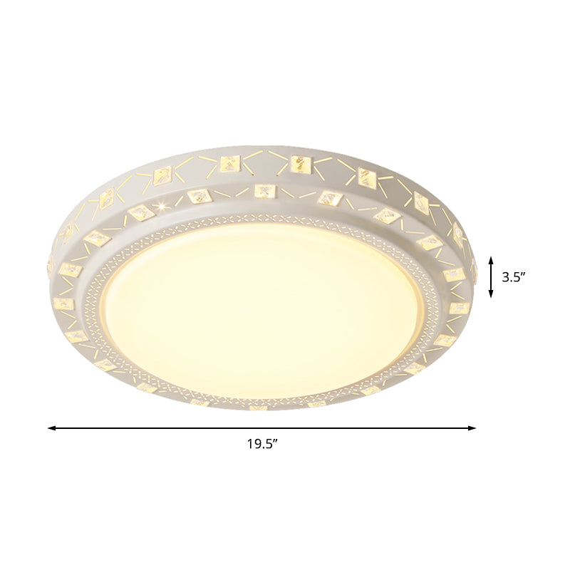 White Drum Ceiling Flush Mount with Crystal Accent Modern Bedroom LED Flush Mount Fixture, 16