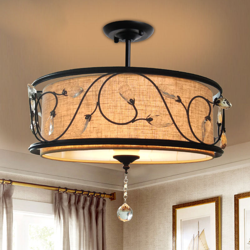 Vintage Drum Semi Flush Light Fabric and Metallic Ceiling Light Fixture in Black Finish for Living Room Clearhalo 'Ceiling Lights' 'Close To Ceiling Lights' 'Close to ceiling' 'Semi-flushmount' Lighting' 154249