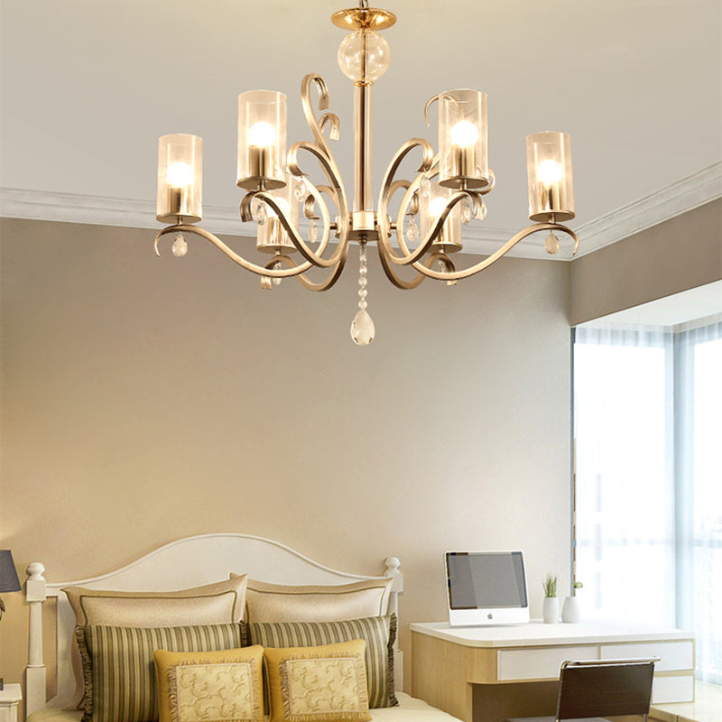Vintage Style Cylindrical Chandelier Light Clear Glass 6/8 Lights Hanging Light with Crystal Drop in Champagne 6 Champagne Clearhalo 'Ceiling Lights' 'Chandeliers' 'Glass shade' 'Glass' 'Modern Chandeliers' 'Modern' Lighting' 154637