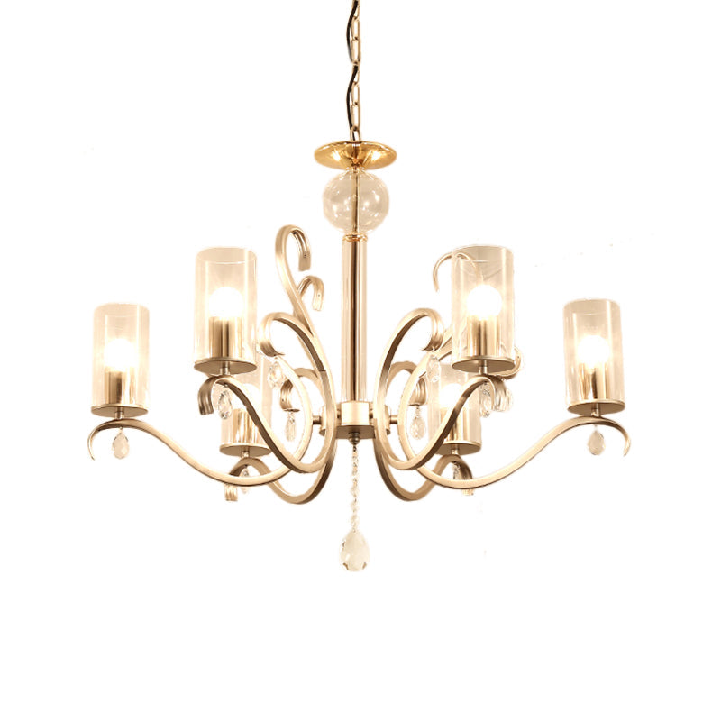 Vintage Style Cylindrical Chandelier Light Clear Glass 6/8 Lights Hanging Light with Crystal Drop in Champagne Clearhalo 'Ceiling Lights' 'Chandeliers' 'Glass shade' 'Glass' 'Modern Chandeliers' 'Modern' Lighting' 154639