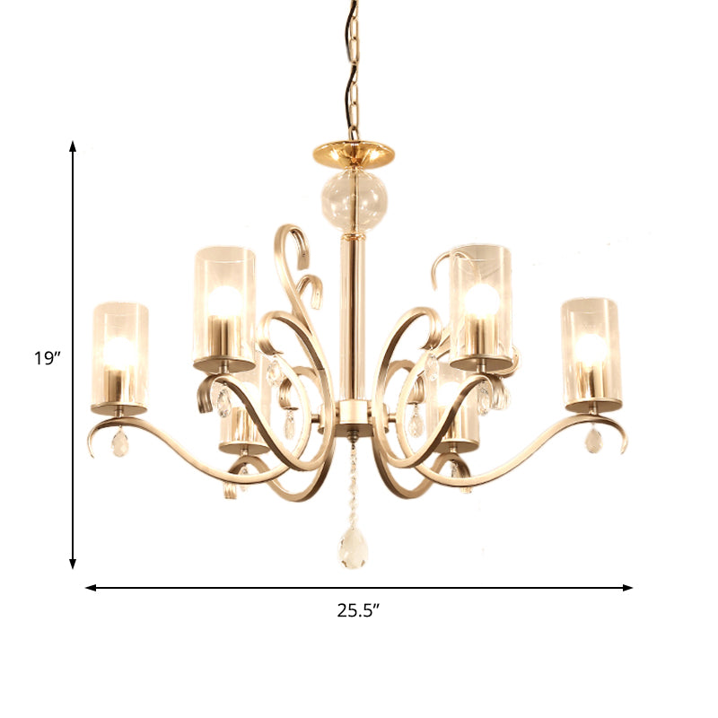 Vintage Style Cylindrical Chandelier Light Clear Glass 6/8 Lights Hanging Light with Crystal Drop in Champagne Clearhalo 'Ceiling Lights' 'Chandeliers' 'Glass shade' 'Glass' 'Modern Chandeliers' 'Modern' Lighting' 154640
