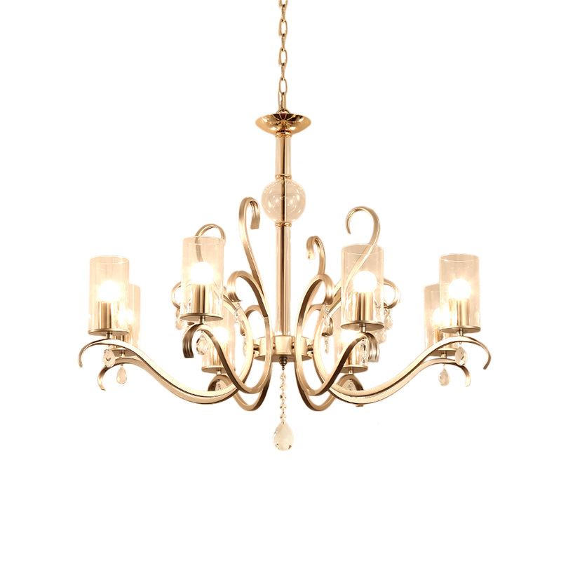Vintage Style Cylindrical Chandelier Light Clear Glass 6/8 Lights Hanging Light with Crystal Drop in Champagne Clearhalo 'Ceiling Lights' 'Chandeliers' 'Glass shade' 'Glass' 'Modern Chandeliers' 'Modern' Lighting' 154643