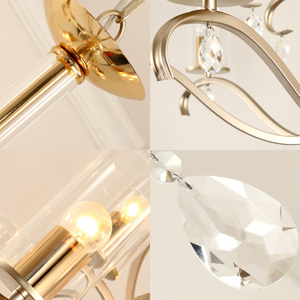 Vintage Style Cylindrical Chandelier Light Clear Glass 6/8 Lights Hanging Light with Crystal Drop in Champagne Clearhalo 'Ceiling Lights' 'Chandeliers' 'Glass shade' 'Glass' 'Modern Chandeliers' 'Modern' Lighting' 154645