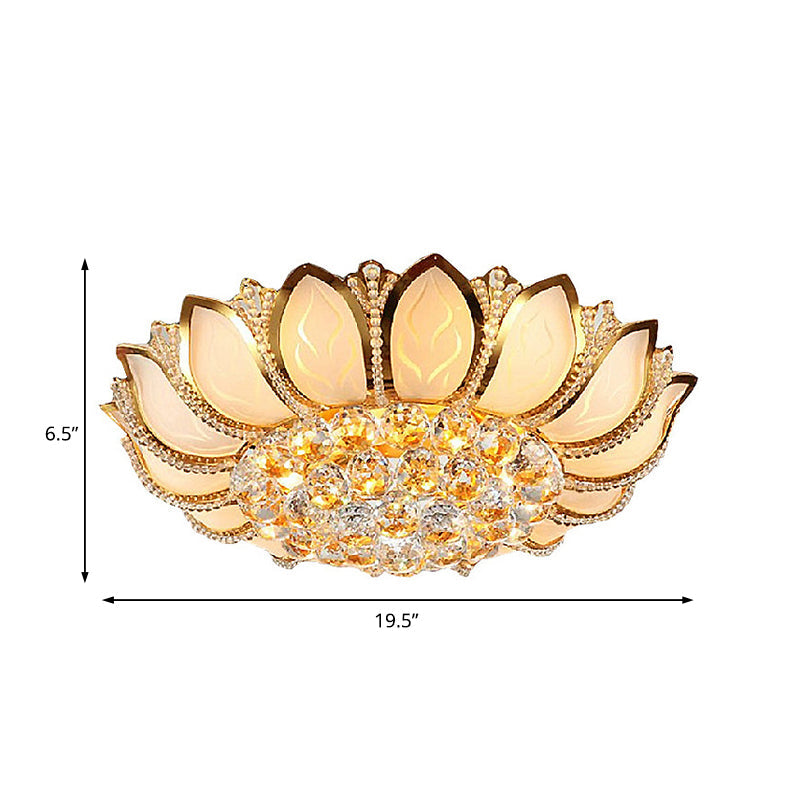 Vintage Petal Flush Ceiling Light Frosted Glass Multi Light Ceiling Mounted Light with Clear Crystal Ball Deco in Gold, 18