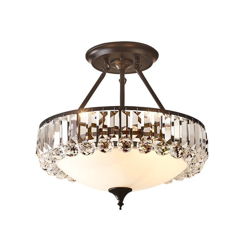 Vintage Round Semi Flush Light Clear K9 Crystal and Milk Glass 4 Lights Ceiling Mounted Fixture in Black Finish Clearhalo 'Ceiling Lights' 'Close To Ceiling Lights' 'Close to ceiling' 'Semi-flushmount' Lighting' 155248