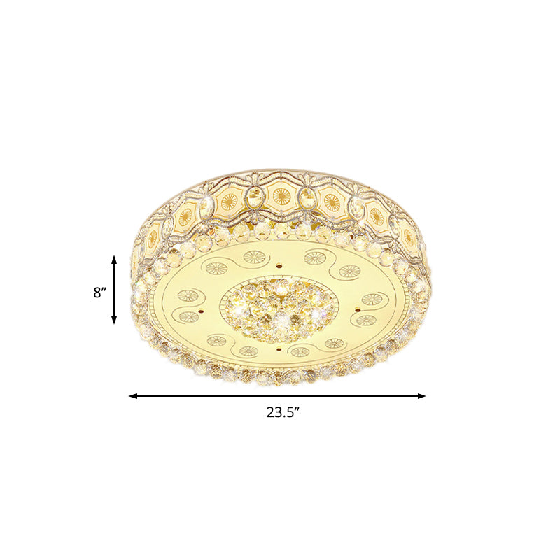 White Glass Circle Flush Light Vintage LED Flush Ceiling Lamp with Etched Design and Clear Crystal Accent Clearhalo 'Ceiling Lights' 'Close To Ceiling Lights' 'Close to ceiling' 'Flush mount' Lighting' 155332