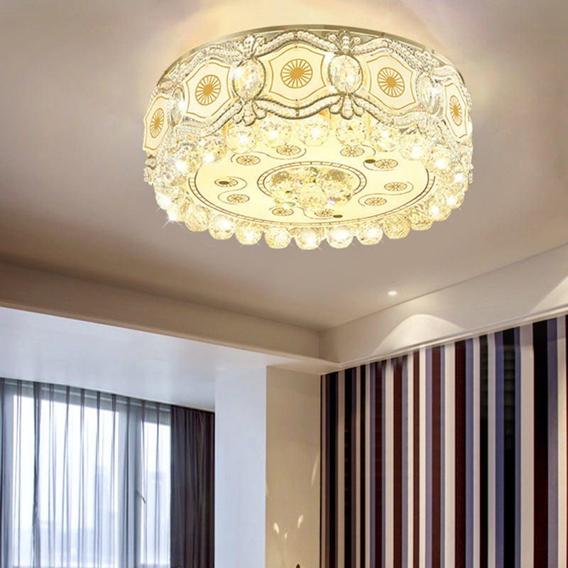 White Glass Circle Flush Light Vintage LED Flush Ceiling Lamp with Etched Design and Clear Crystal Accent White 18