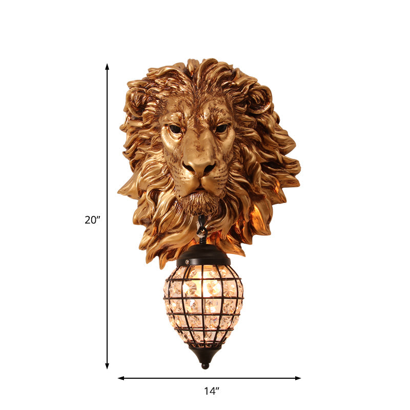 Resin Lion Wall Lamp 1 Light Country Style Wall Sconce with Clear Crystal Shade in Brown Finish Clearhalo 'Wall Lamps & Sconces' 'Wall Lights' Lighting' 156013