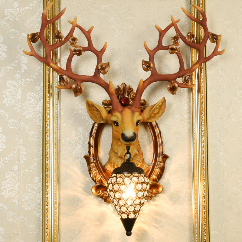 White/Brown Elk Wall Mount Light Country Style Resin 1 Light Wall Sconce with Crystal Shade for Living Room, 19.5