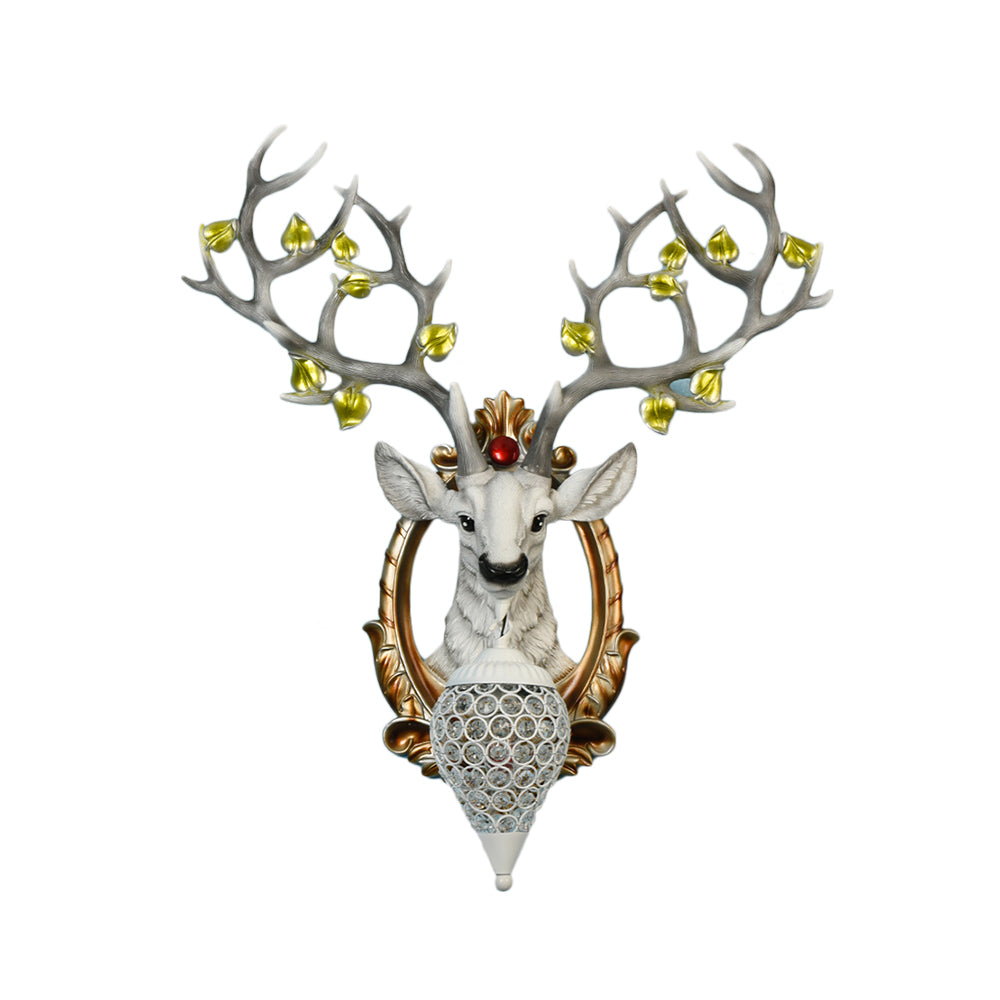 White/Brown Elk Wall Mount Light Country Style Resin 1 Light Wall Sconce with Crystal Shade for Living Room, 19.5